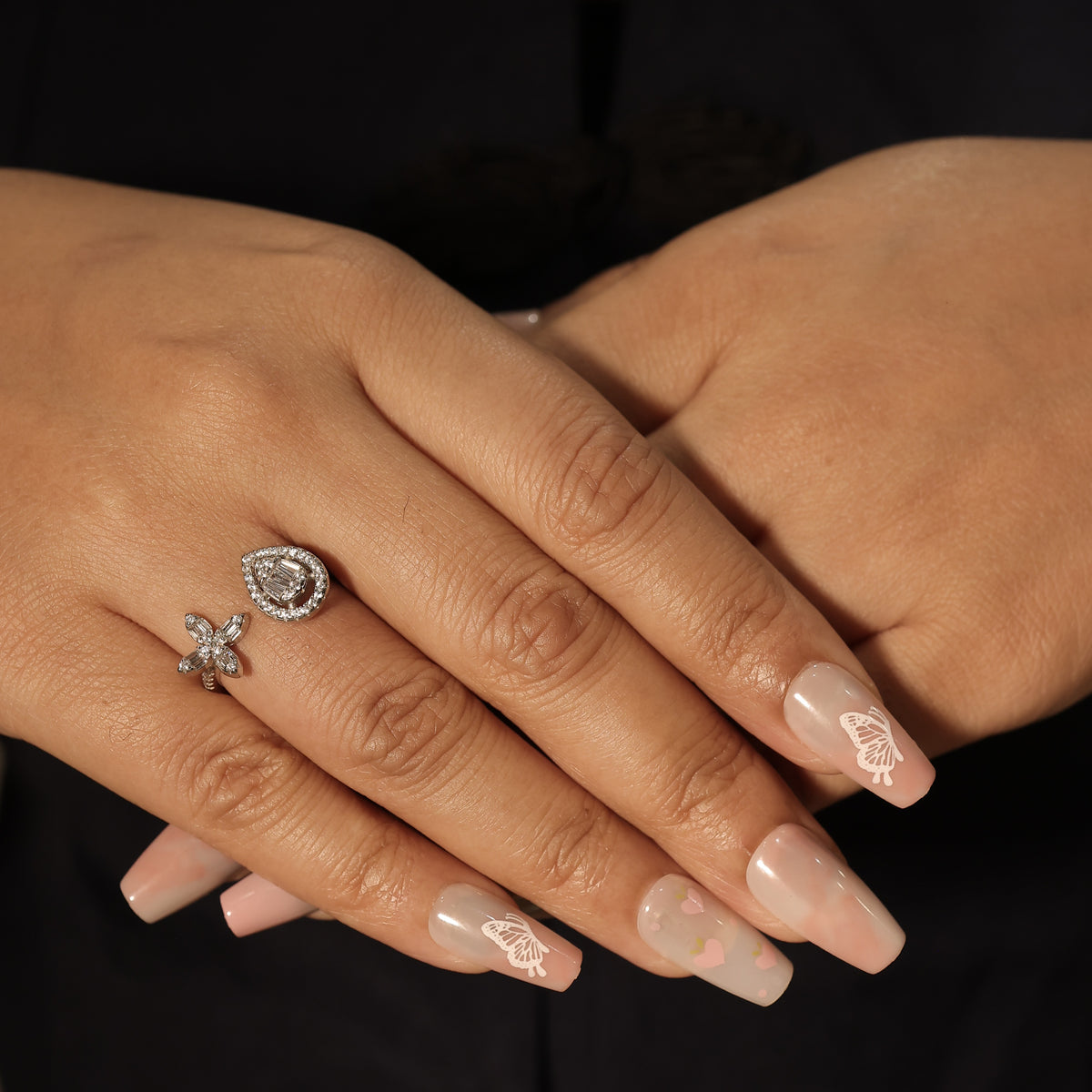 Silver Bypass Cocktail Ring with Pear Motif