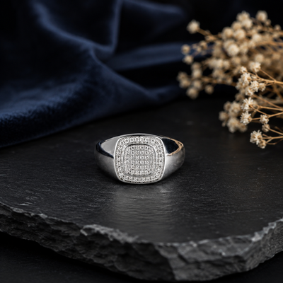 Silver Pave Stone Cushion Signet Ring