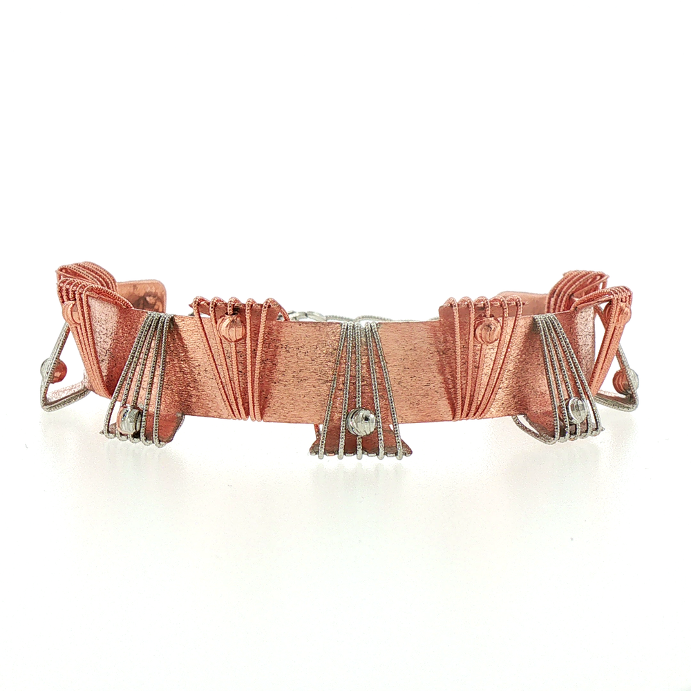 Rose Gold Bangle Bracelet with Architectural Wirework Details