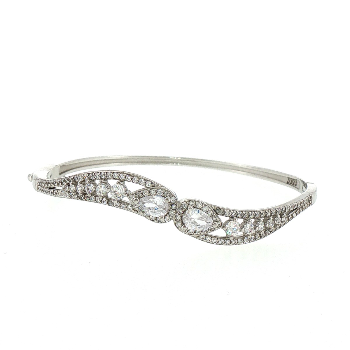 Silver Bangle Bracelet with Pear and Round Stones