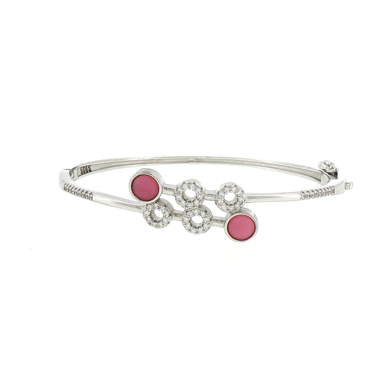 Silver Bangle Bracelet with Round Rubies and Geometric Design