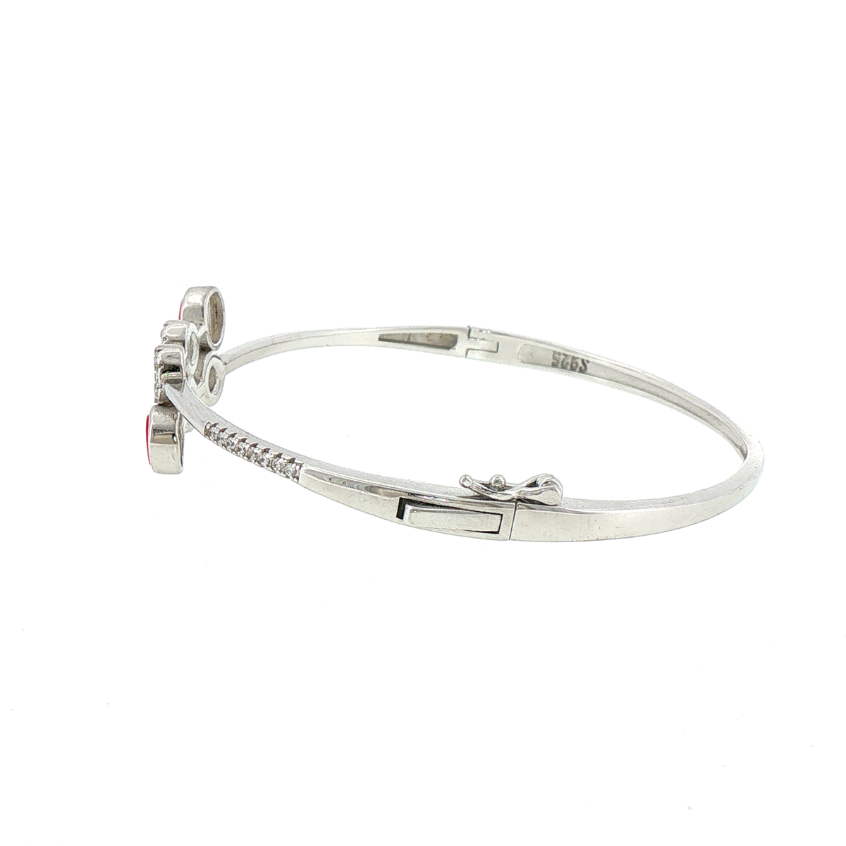 Silver Bangle Bracelet with Round Rubies and Geometric Design