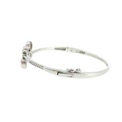 Silver Bangle Bracelet with Round Rubies and Geometric Design