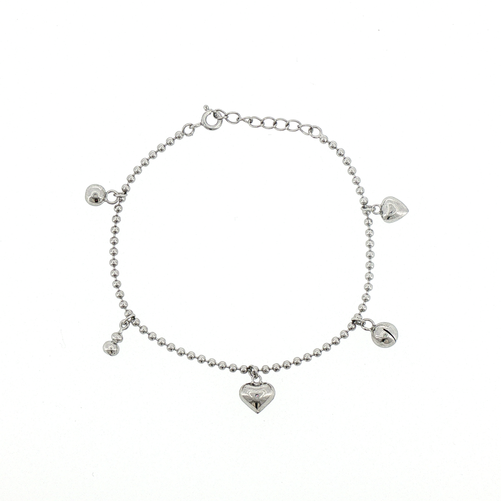 Silver Heart and Bell Charm Ball Chain Bracelet