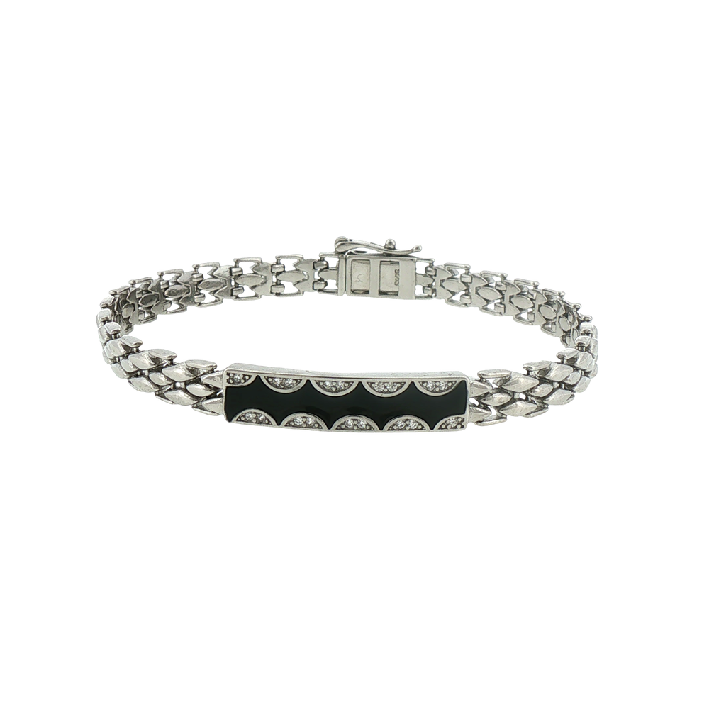 Silver Onyx Chain Bracelet with Scalloped Accents
