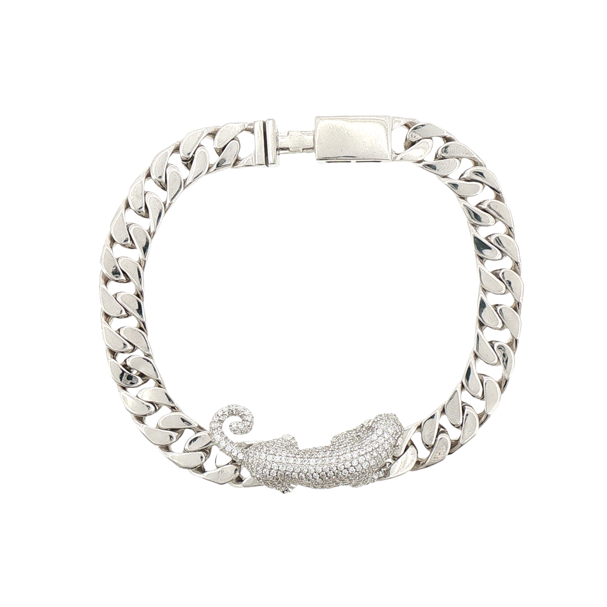 Silver Pave Panther Cuban Chain Bracelet