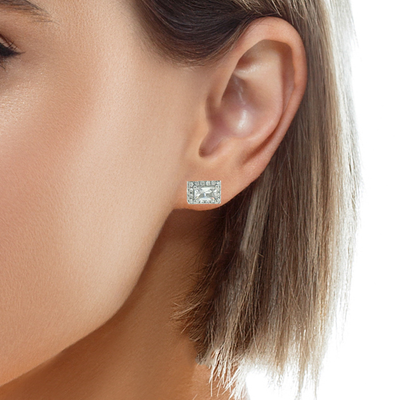 Silver Rectangular Halo Stud Earrings in White Gold