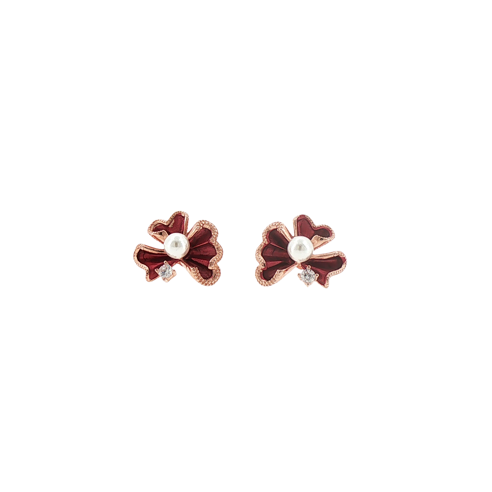 Silver Red Enamel Floral Pearl Stud Earrings