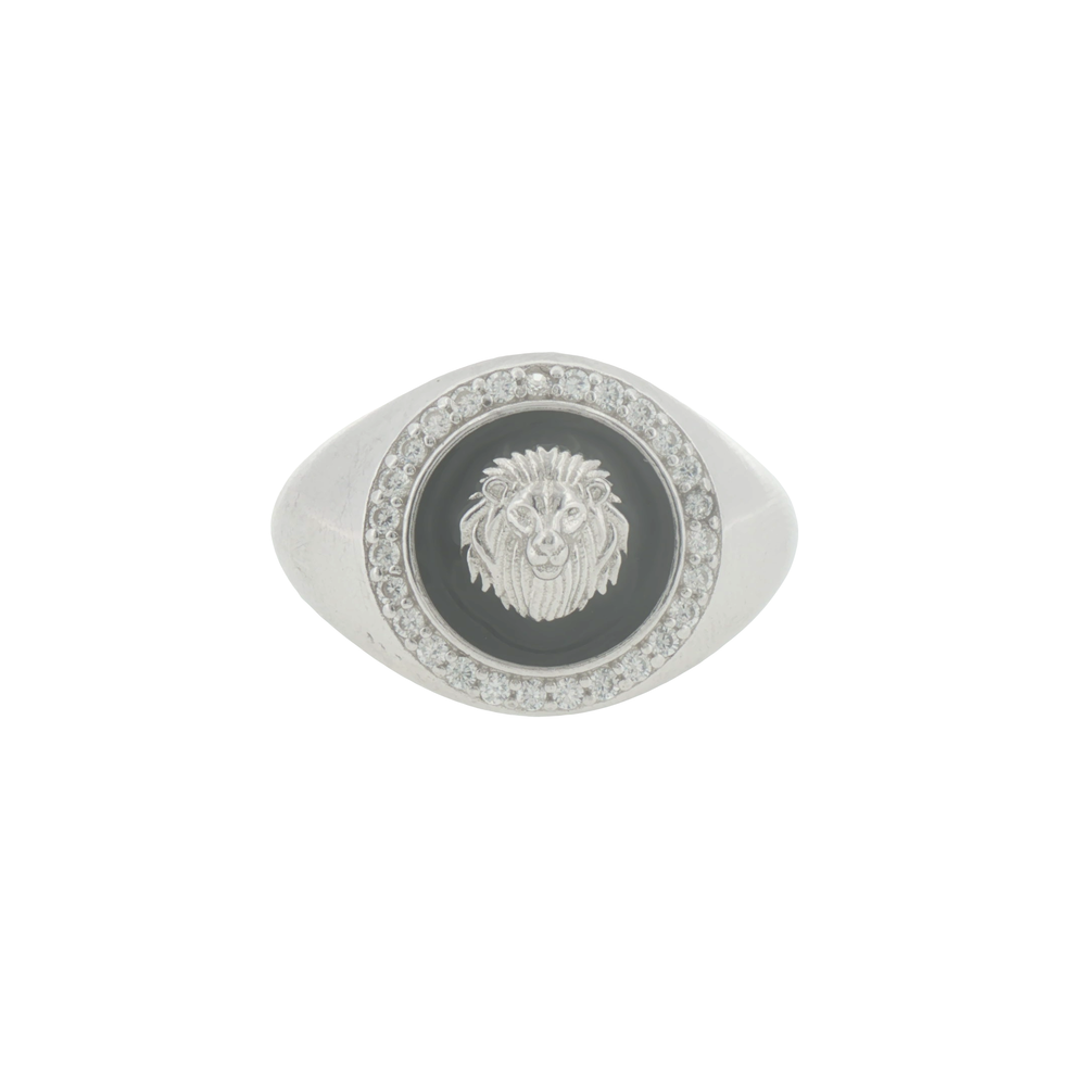 Silver Onyx and Lion Motif Signet Ring