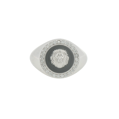 Silver Onyx and Lion Motif Signet Ring
