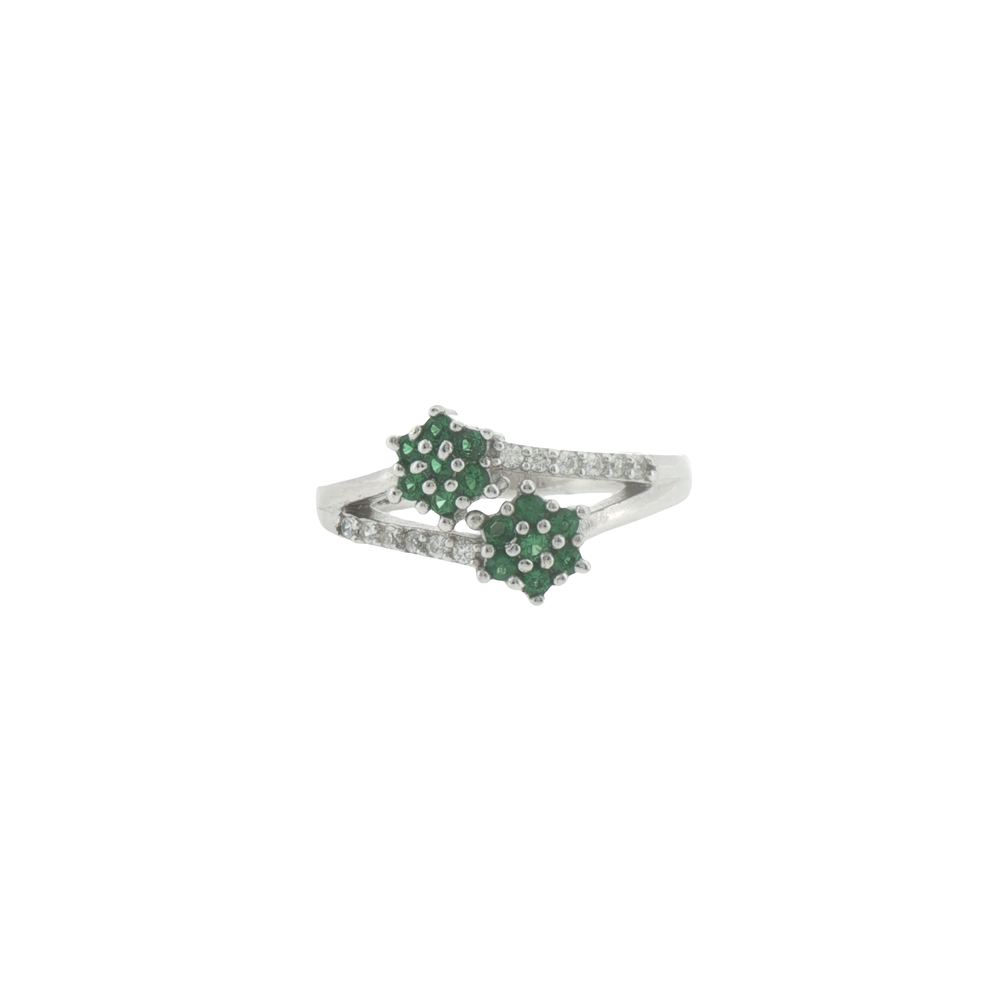 Silver Emerald Floral Cluster Bypass Ring