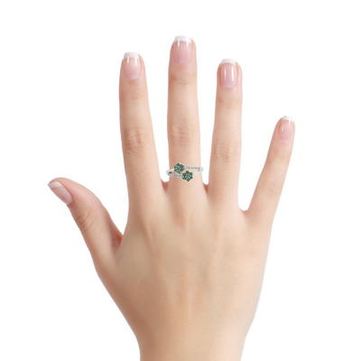 Silver Emerald Floral Cluster Bypass Ring