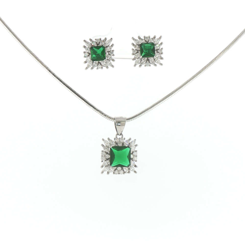 Silver Emerald Starburst Halo Pendant & Earrings Set