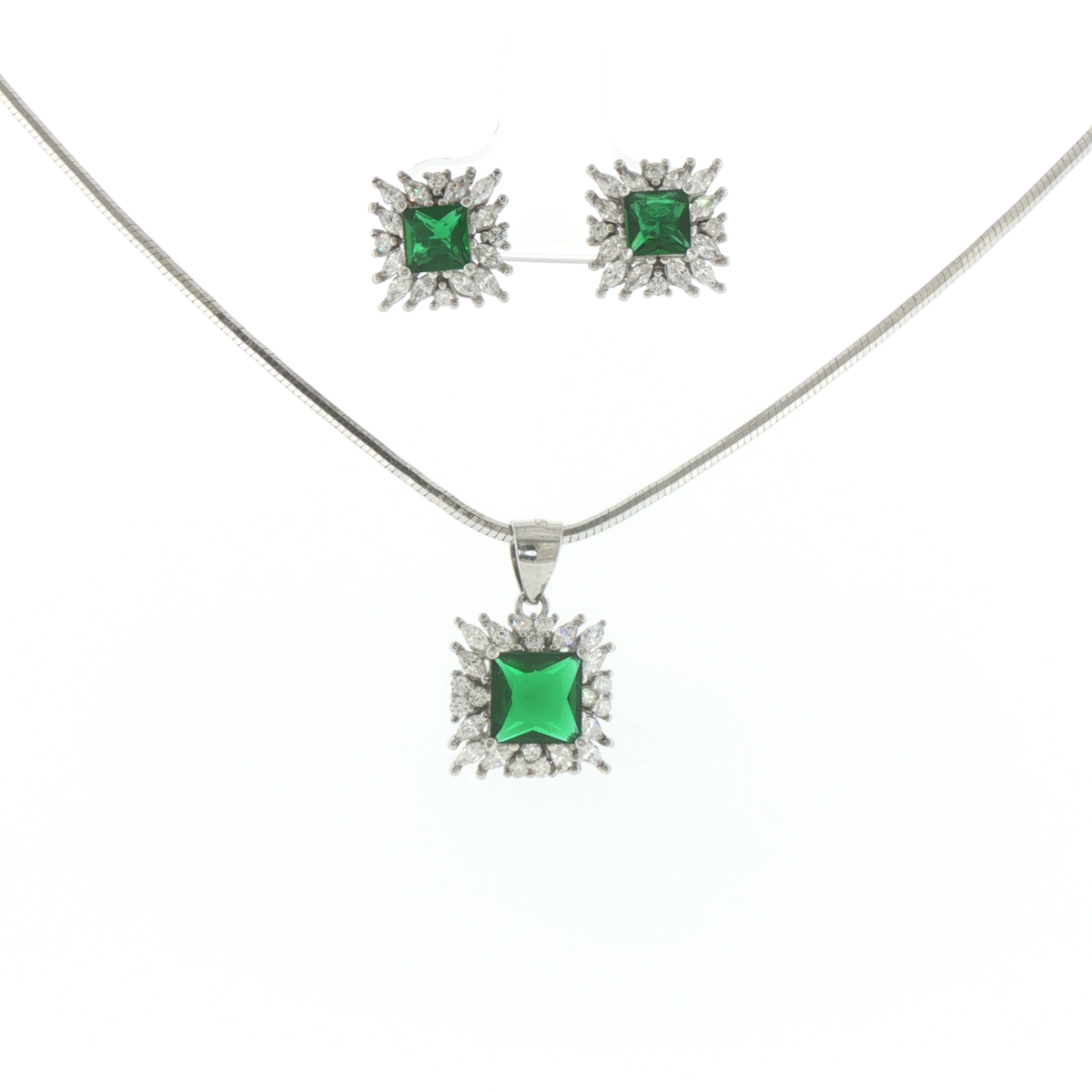 Silver Emerald Starburst Halo Pendant & Earrings Set
