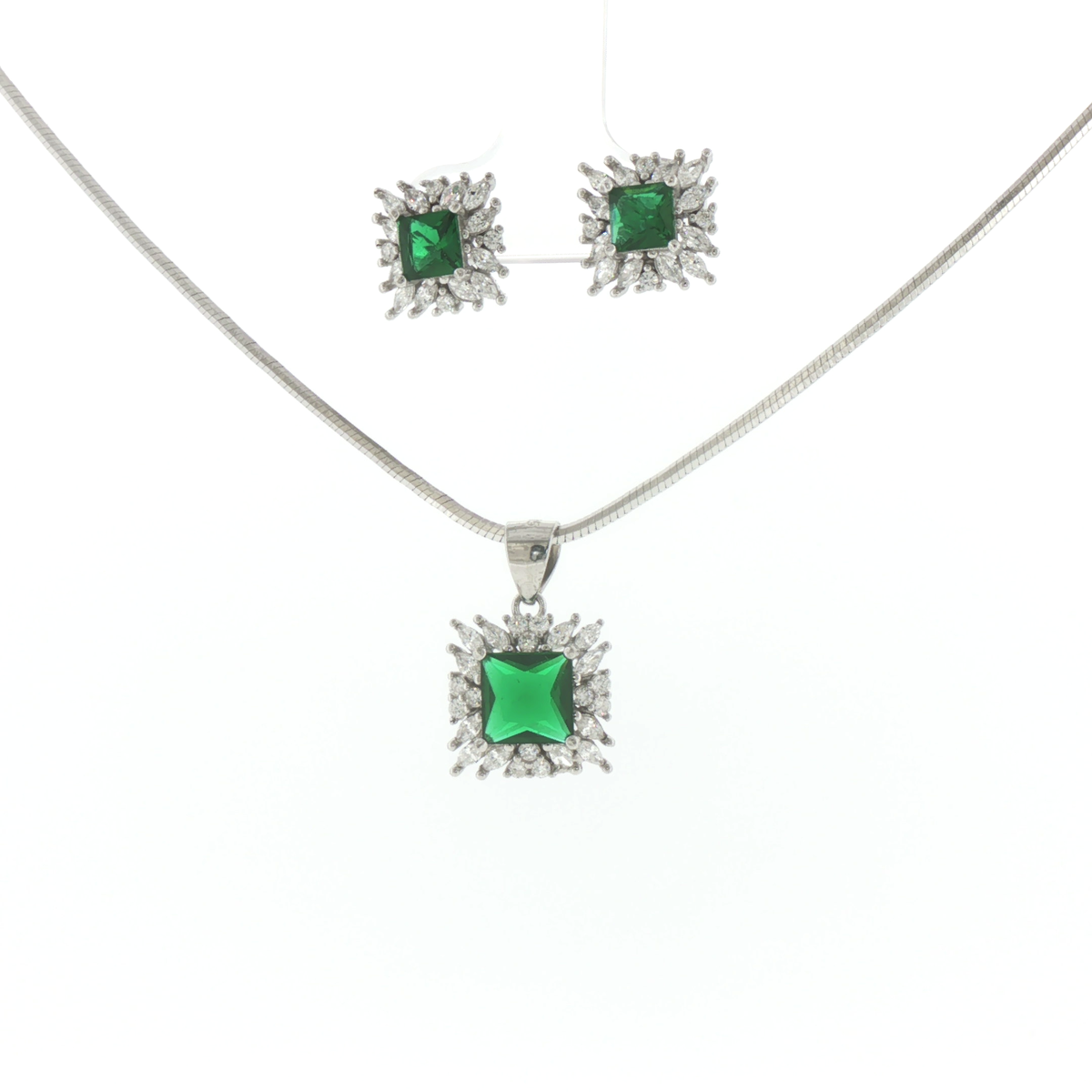 Silver Emerald Starburst Halo Pendant & Earrings Set