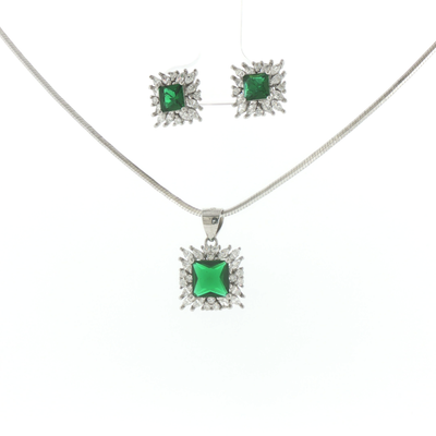 Silver Emerald Starburst Halo Pendant & Earrings Set