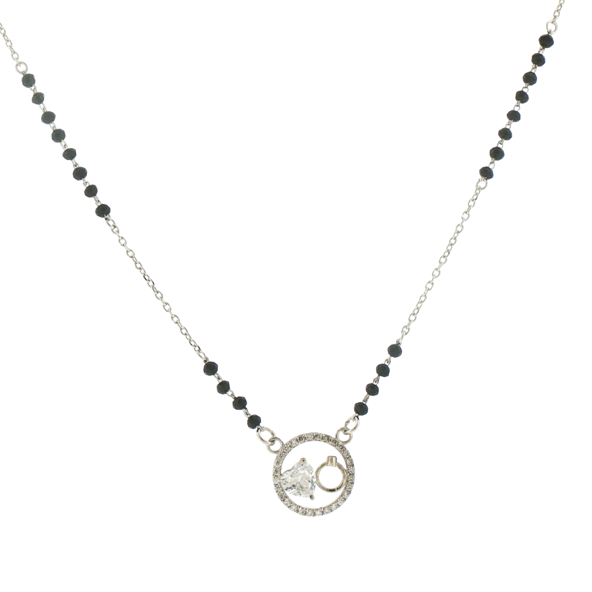 Silver Onyx Beaded Mangalsutra with Heart Motif Pendant