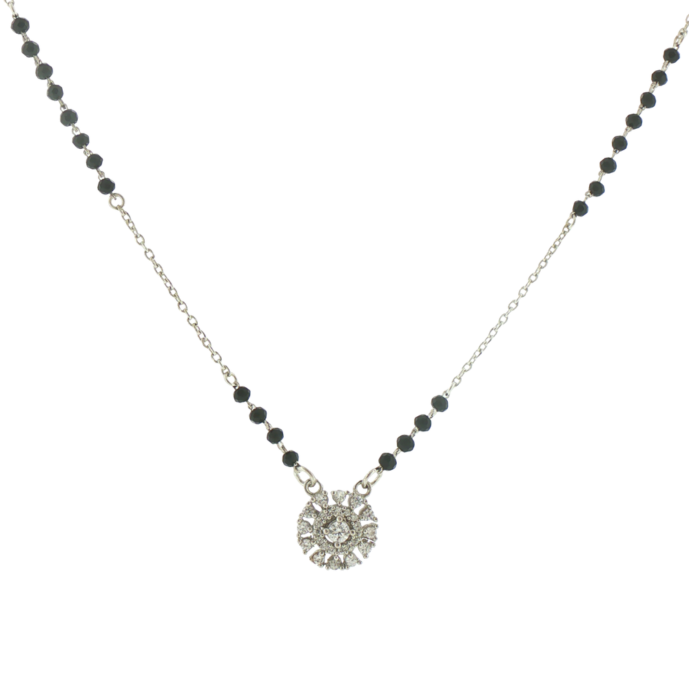 Silver Onyx Beaded Mangalsutra with Floral Cluster Pendant
