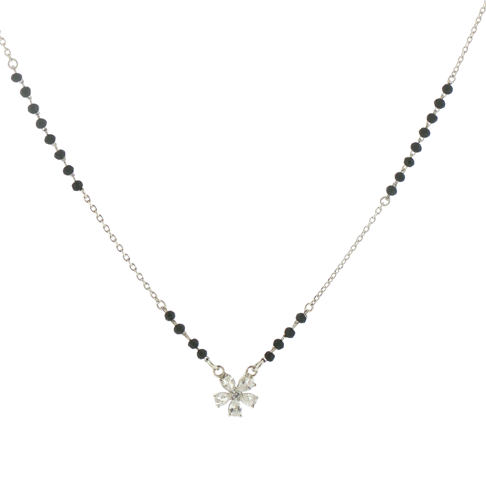 Silver Stone Floral Black Beaded Mangalsutra