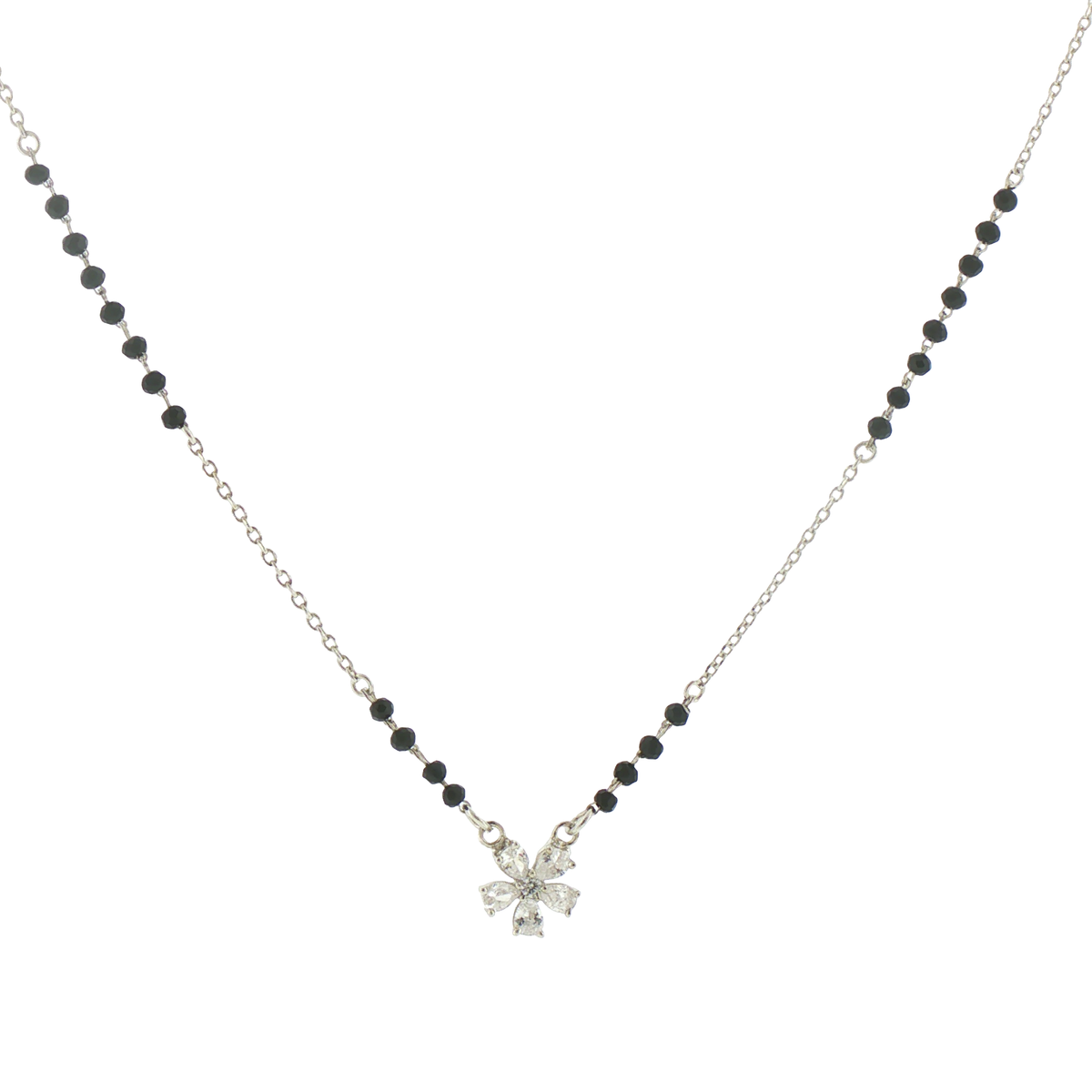 Silver Stone Floral Black Beaded Mangalsutra