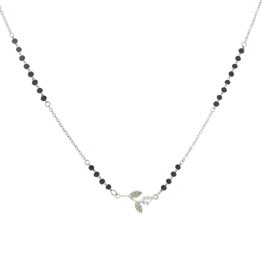 Silver Onyx Beaded Leaf Motif Mangalsutra