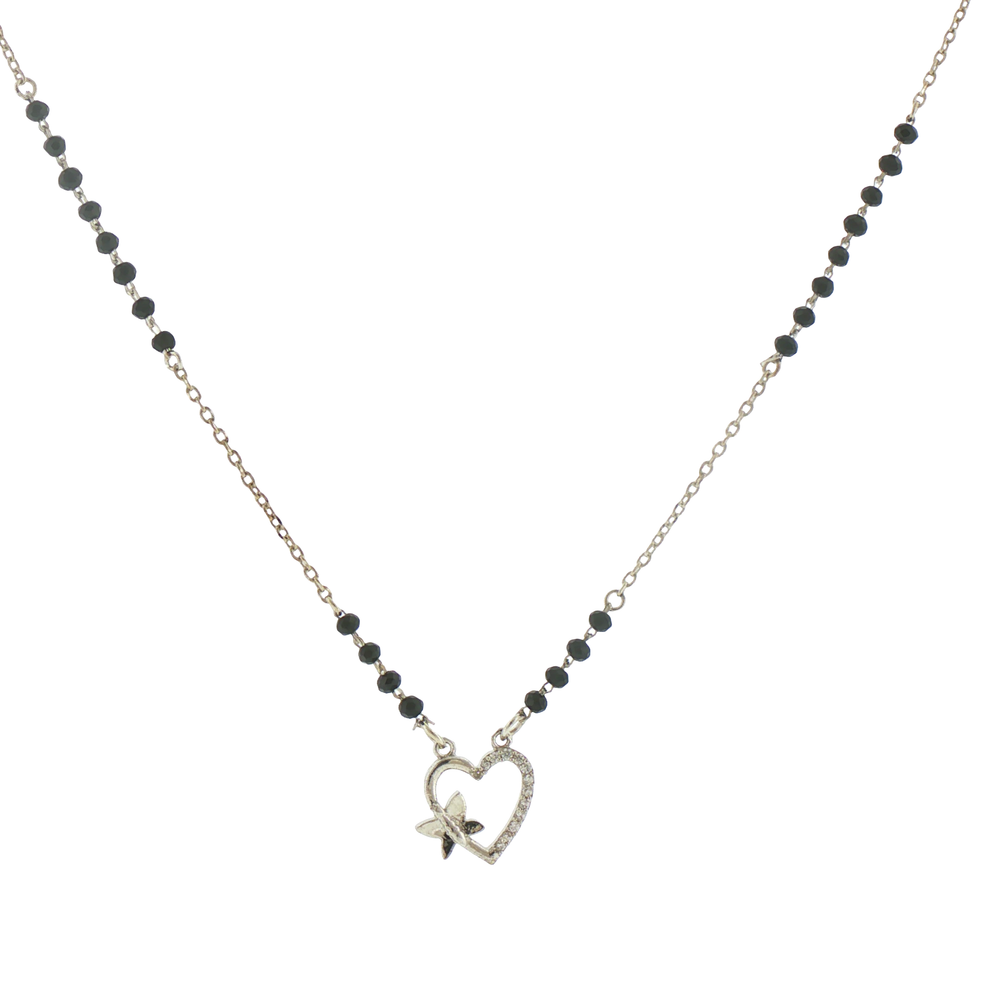 Silver Onyx Beaded Heart and Butterfly Pendant Mangalsutra