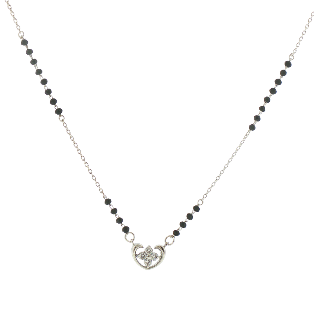 Silver Onyx Beaded Mangalsutra with Floral Pendant