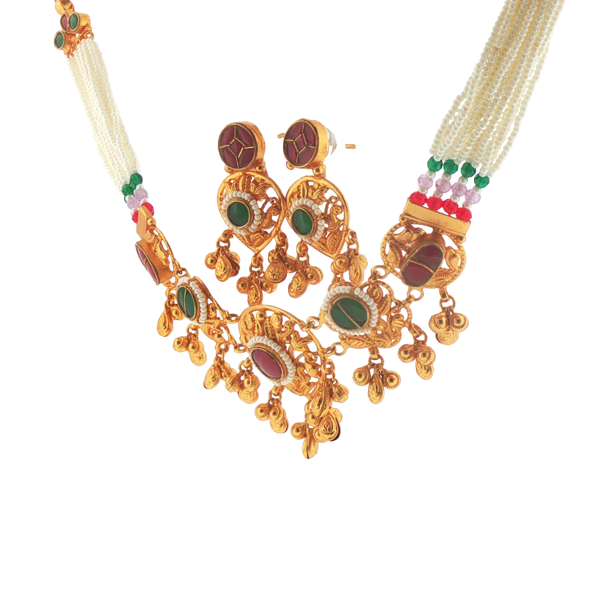 Silver Gold Plated Beaded Pearl Necklace Set with Colorful Accents
