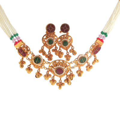 Silver Gold Plated Beaded Pearl Necklace Set with Colorful Accents