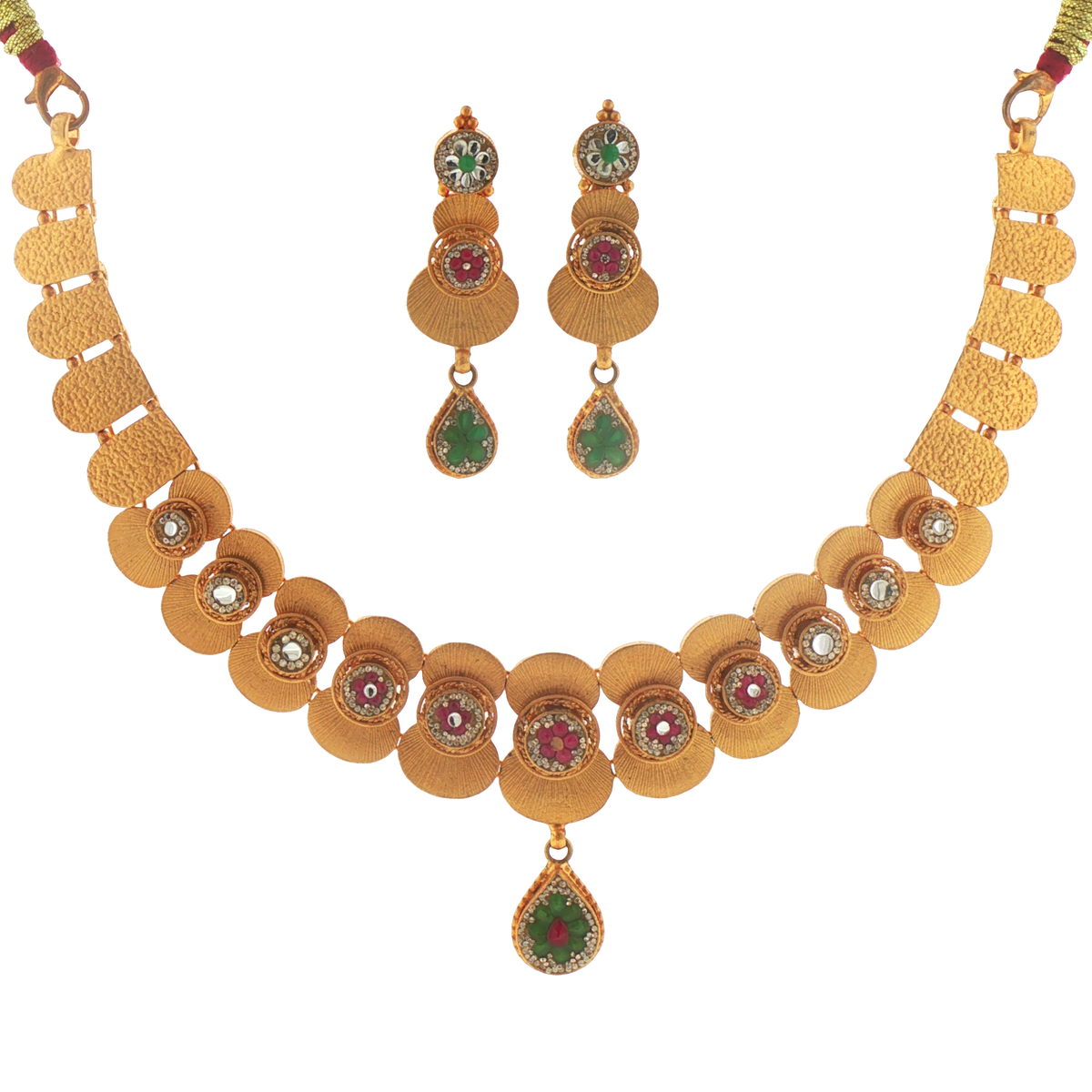 Silver Gold Plated Textured Choker Necklace with Red Rubies
