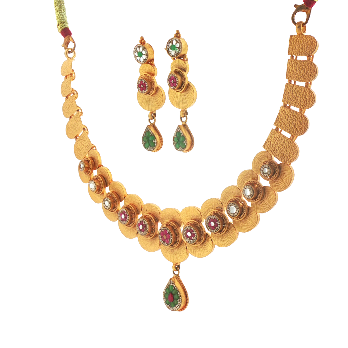Silver Gold Plated Textured Choker Necklace with Red Rubies