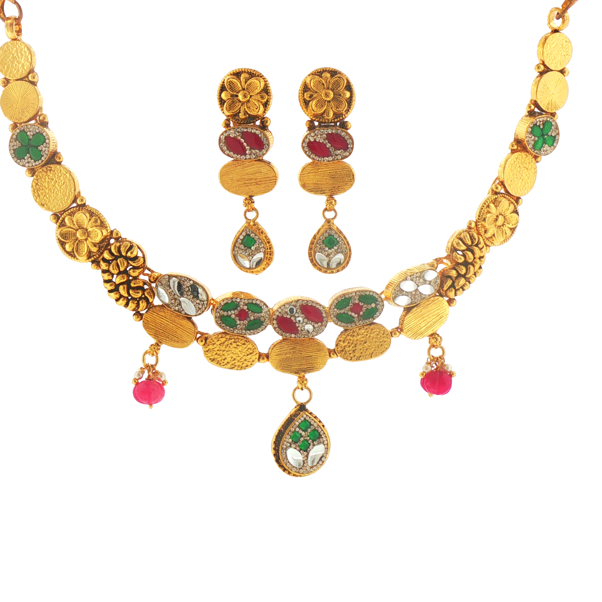 Silver Gold Plated Floral Choker Necklace with Pinkish-Red Rubies