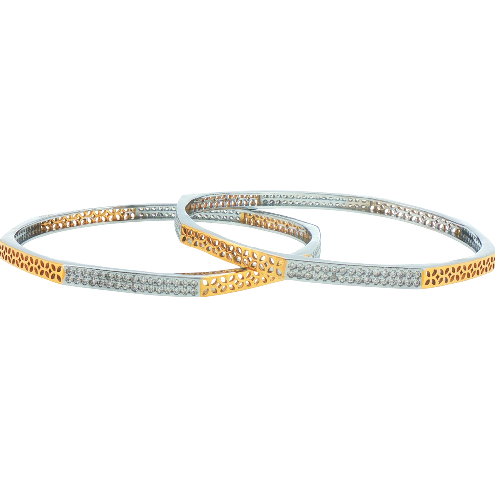 Silver Geometric Bangle with Filigree Details (Set of 2)