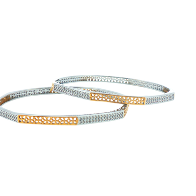 Silver Geometric Bangle with Filigree Details (Set of 2)