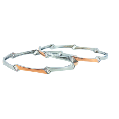 Silver Geometric Two-Tone Bangles (Set of 2)