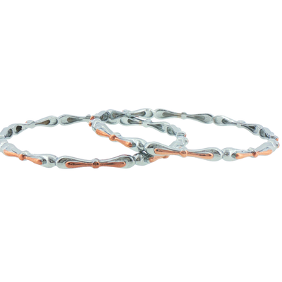 Silver Two-Tone Sculpted Link Bangles (Set of 2)