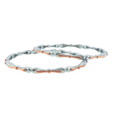 Silver Two-Tone Sculpted Link Bangles (Set of 2)
