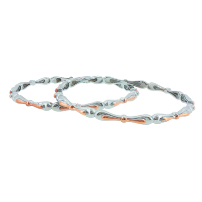 Silver Two-Tone Sculpted Link Bangles (Set of 2)