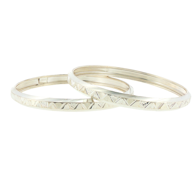 Silver Geometric Etched Bangles (Set of 2)