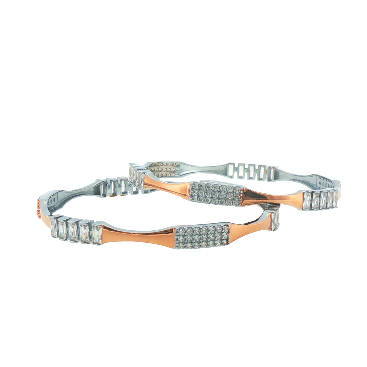 Silver Mixed-Cut Stone and Two-Tone Bangles (Set of 2)