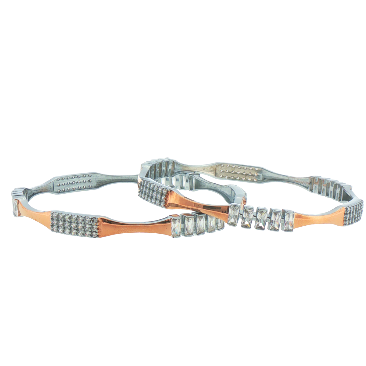 Silver Mixed-Cut Stone and Two-Tone Bangles (Set of 2)