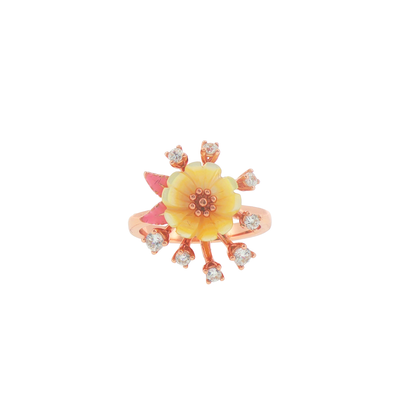 Silver Rose Gold Plated Carved Quartz Flower Cocktail Ring