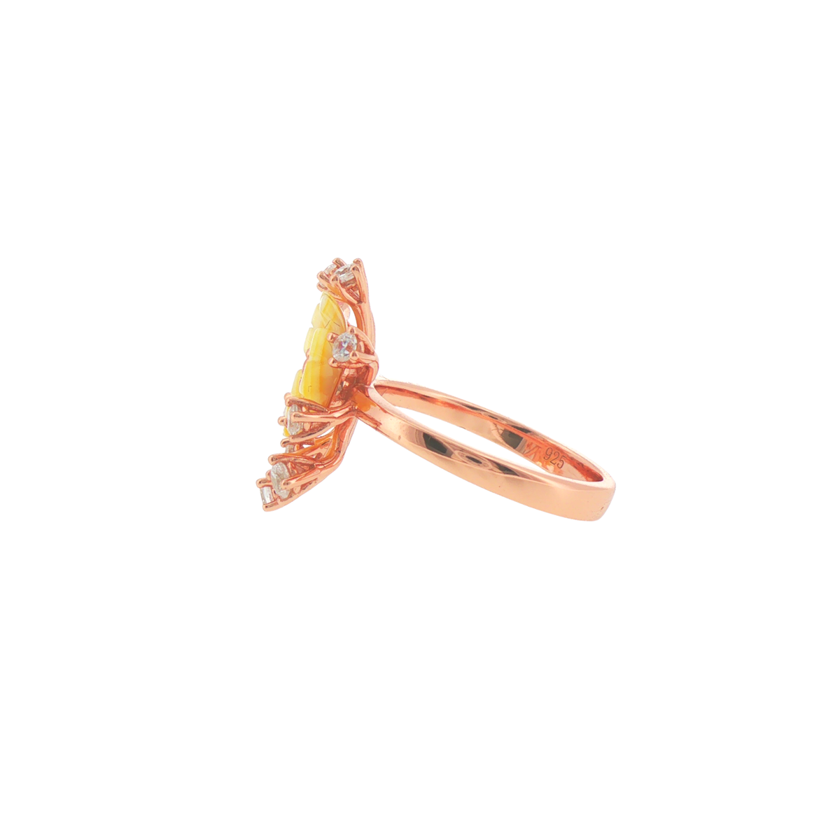 Silver Rose Gold Plated Carved Quartz Flower Cocktail Ring