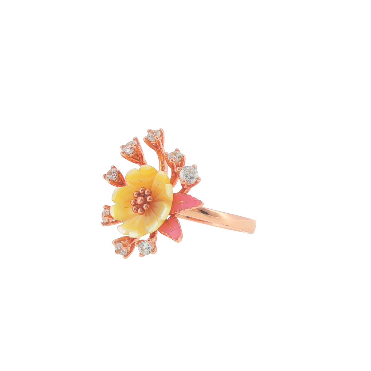 Silver Rose Gold Plated Carved Quartz Flower Cocktail Ring