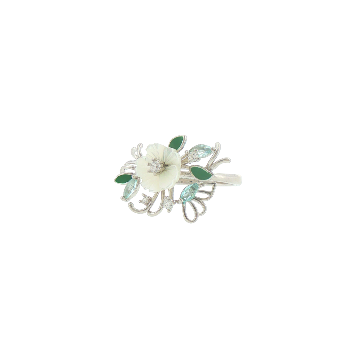 Silver Carved Pearl Floral Cocktail Ring