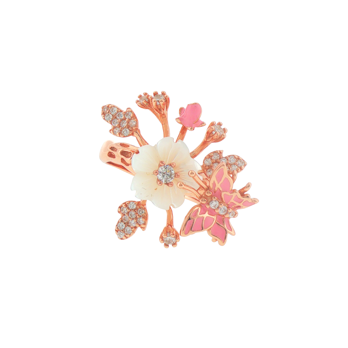 Silver Floral and Butterfly Cocktail Rose Gold Plated Ring
