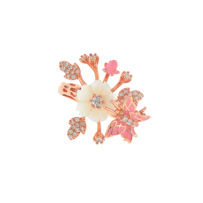 Silver Floral and Butterfly Cocktail Rose Gold Plated Ring