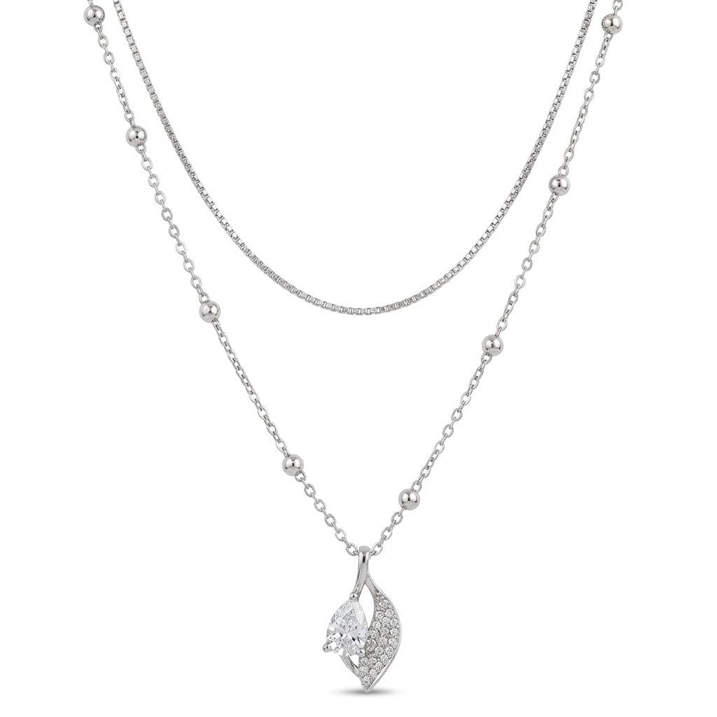 Silver Layered Necklace with Pear Stone Pendant