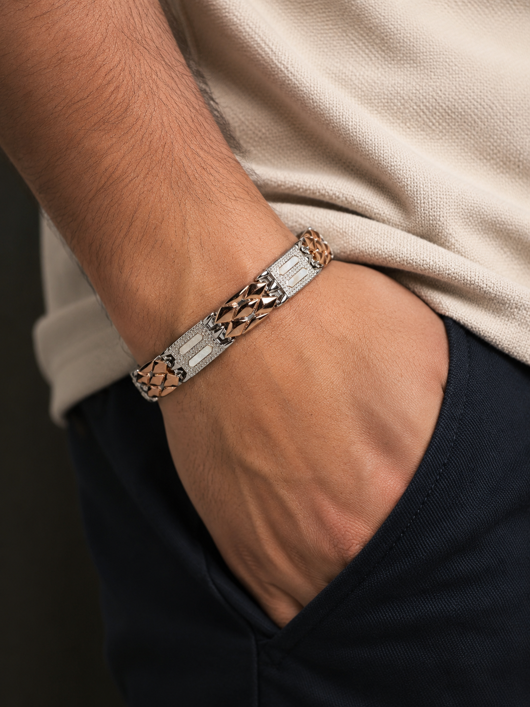 Silver Two-Tone Rectangular Link Bracelet