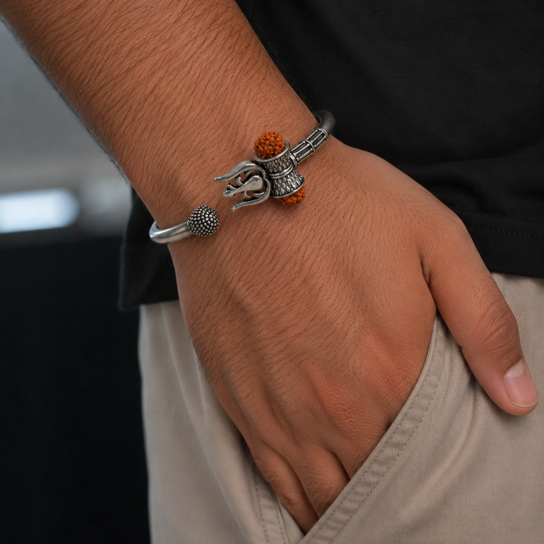 Silver Trishul and Damaru Bracelet with Red Coral